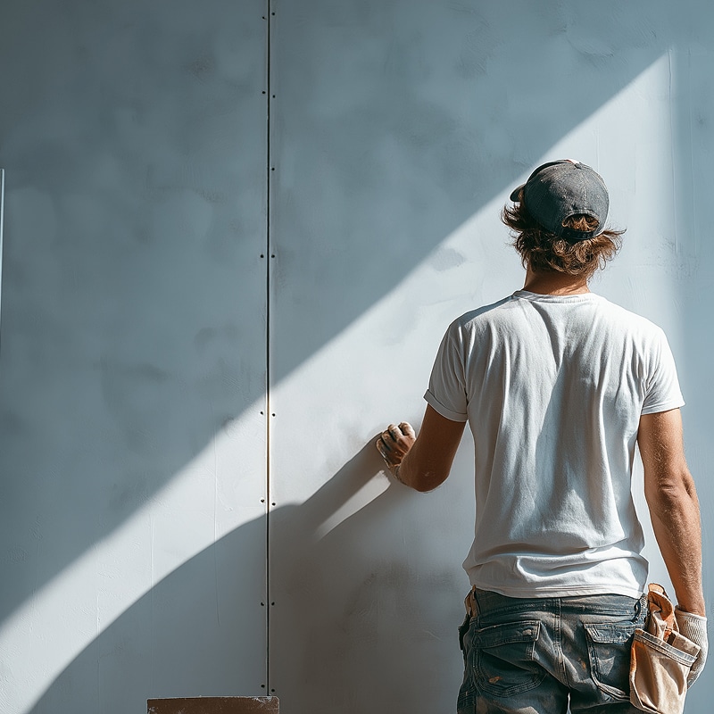 Ouvrier en t-shirt blanc et casquette, vu de dos, appliquant de l'enduit sur un mur en plaques de plâtre jointoyées, éclairé par une forte lumière diagonale.